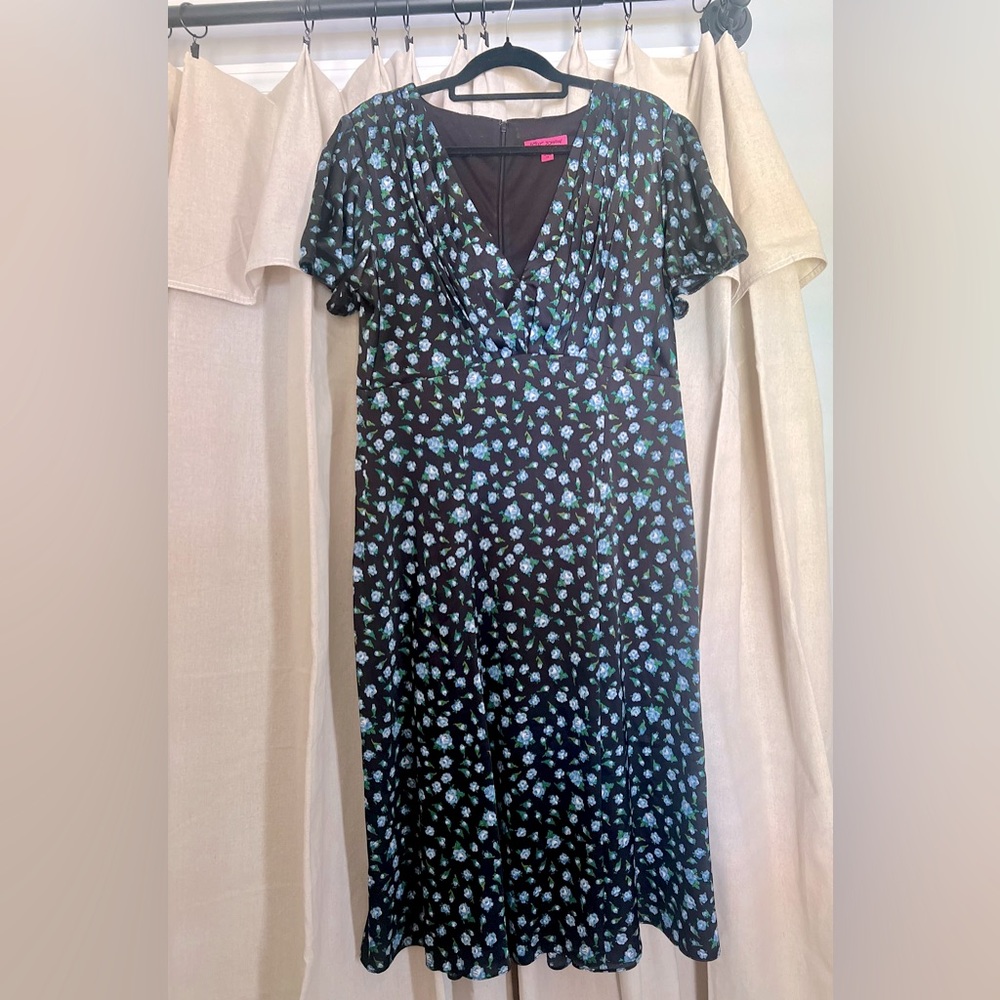 Betsy Johnson black satin blue floral babydoll midi puff sleeve size 14